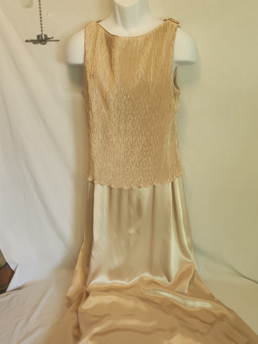Patra Satin and Pleated Gold Evening Dress